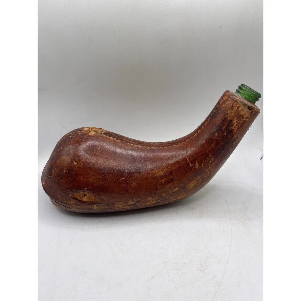 Italian Brown Leather Whale Liquor Glass Bottle Decanter : Blue Eye : EMPTY